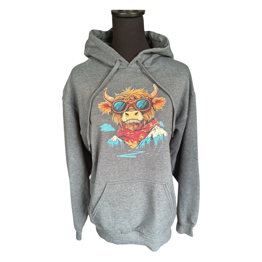 Highland Cow Wearing Goggles & Bandana Gray Hoodie Sweatshirt, Large, Western